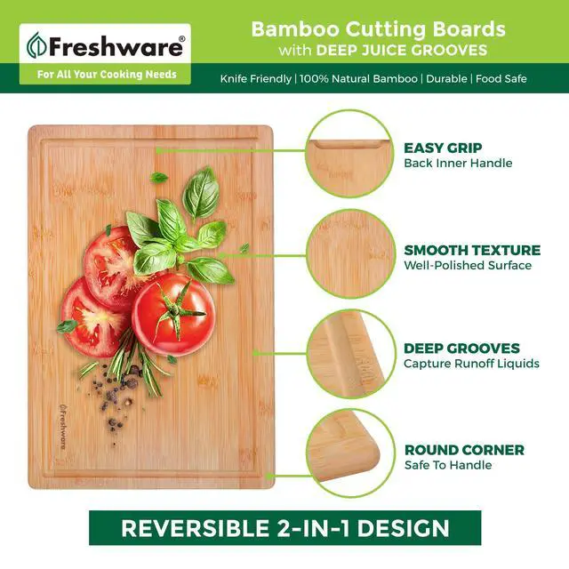 Alt view image 2 of 3 - Wood Cutting Boards for Kitchen - Bamboo Cutting Board Set of 3, Cutting Boards with Juice Grooves, Serving Board Set, Chopping Board for Meat, Veggie, Easy Grip Handle (9x6", 12x8", 15x10")