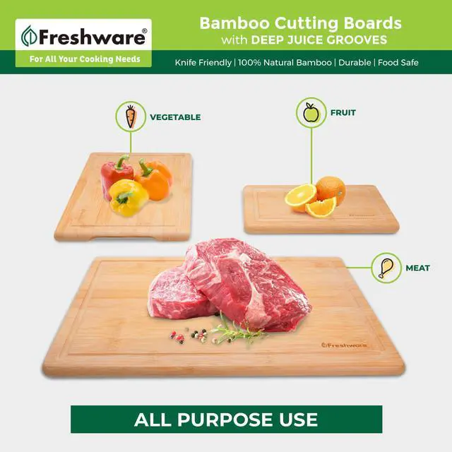 Alt view image 3 of 3 - Wood Cutting Boards for Kitchen - Bamboo Cutting Board Set of 3, Cutting Boards with Juice Grooves, Serving Board Set, Chopping Board for Meat, Veggie, Easy Grip Handle (9x6", 12x8", 15x10")