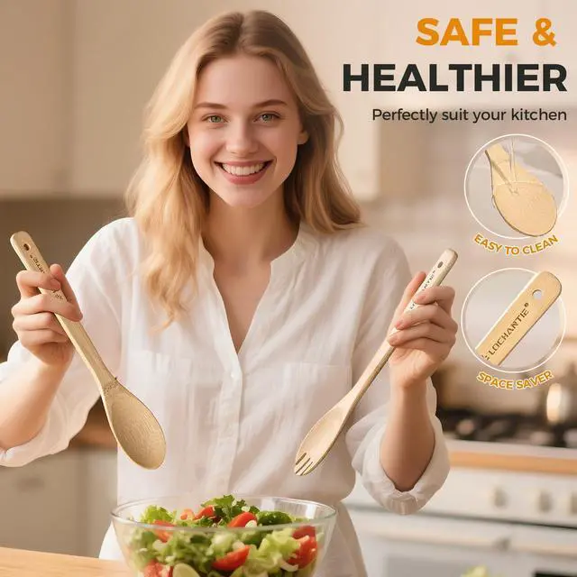 Alt view image 7 of 7 - Wooden Spoons for Cooking Bamboo Utensils Set (6 Pieces) - Essential Tools Wooden Spoons & Spatula for Everyday Stirring, Mixing, Flipping & Serving, Gentle on Nonstick Cookware