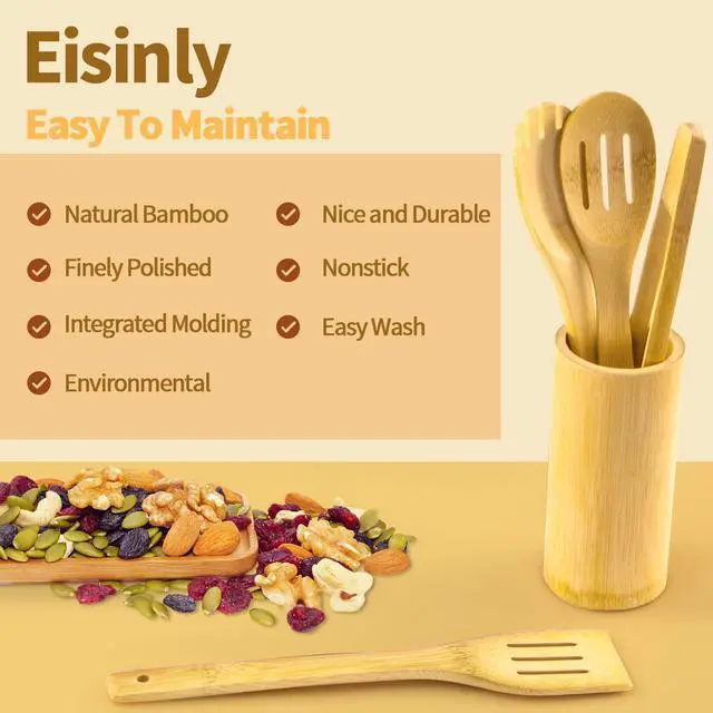Alt view image 4 of 7 - 7-Piece Wooden Cooking Spoons, Natural Bamboo Utensil Set | Natural Bamboo with Squared Edges Scrapes Up Fond Easily for Richer Sauce, Lightweight, Sustainable, Naturally Hygienic