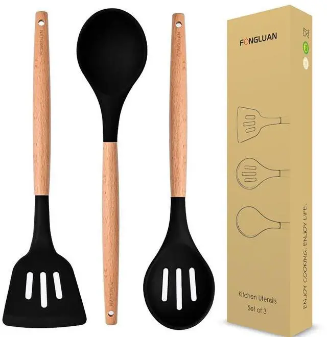 Main image of Kitchen Utensils. Set of 3, Silicone Cooking Utensils Set, Turner/Spatula, Spoons with Wooden Handle, Heat Resistant, Nonstick Cookware, Dishwasher Safe, Black