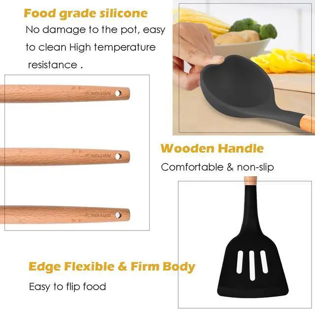 Alt view image 3 of 6 - Kitchen Utensils. Set of 3, Silicone Cooking Utensils Set, Turner/Spatula, Spoons with Wooden Handle, Heat Resistant, Nonstick Cookware, Dishwasher Safe, Black