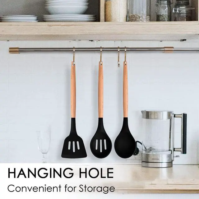 Alt view image 4 of 6 - Kitchen Utensils. Set of 3, Silicone Cooking Utensils Set, Turner/Spatula, Spoons with Wooden Handle, Heat Resistant, Nonstick Cookware, Dishwasher Safe, Black