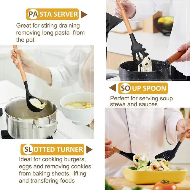 Alt view image 5 of 6 - Kitchen Utensils. Set of 3, Silicone Cooking Utensils Set, Turner/Spatula, Spoons with Wooden Handle, Heat Resistant, Nonstick Cookware, Dishwasher Safe, Black