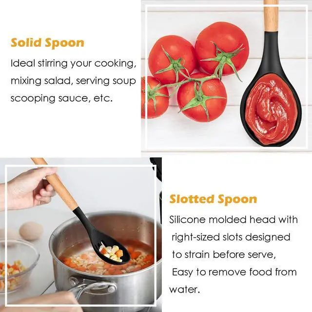 Alt view image 6 of 6 - Kitchen Utensils. Set of 3, Silicone Cooking Utensils Set, Turner/Spatula, Spoons with Wooden Handle, Heat Resistant, Nonstick Cookware, Dishwasher Safe, Black