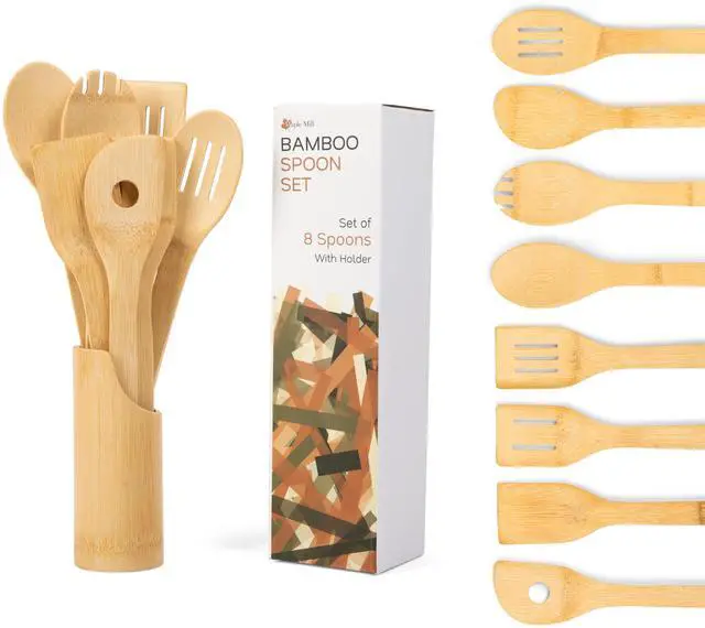 Main image of Bamboo Spoons for Cooking - Set of 8 Spoons with Holder - Wooden Cooking Spoons - Non-toxic & Organic Bamboo Cooking Utensils with Spoon Set & Spatula - Premium Kitchen Utensils