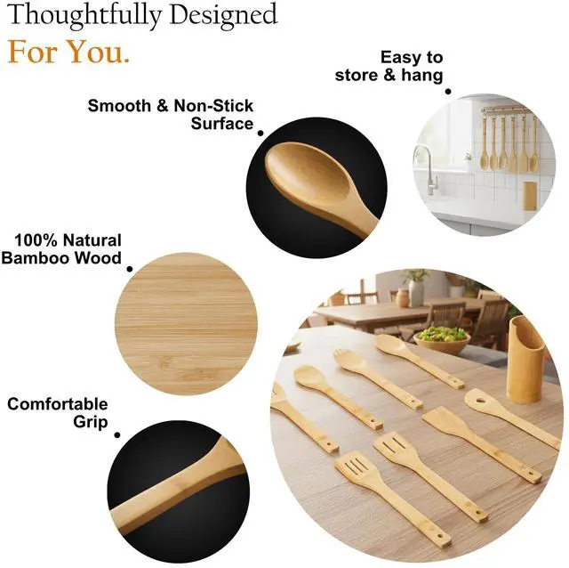 Alt view image 4 of 7 - Bamboo Spoons for Cooking - Set of 8 Spoons with Holder - Wooden Cooking Spoons - Non-toxic & Organic Bamboo Cooking Utensils with Spoon Set & Spatula - Premium Kitchen Utensils