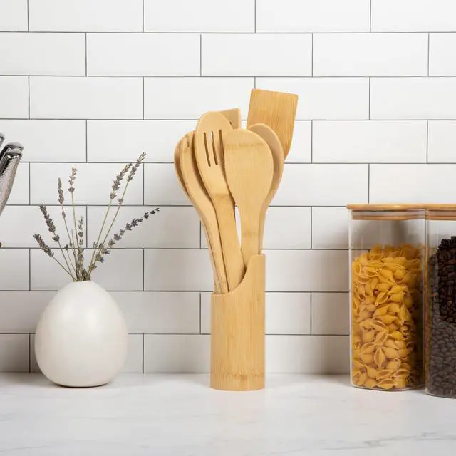 Alt view image 3 of 7 - Bamboo Spoons for Cooking - Set of 8 Spoons with Holder - Wooden Cooking Spoons - Non-toxic & Organic Bamboo Cooking Utensils with Spoon Set & Spatula - Premium Kitchen Utensils
