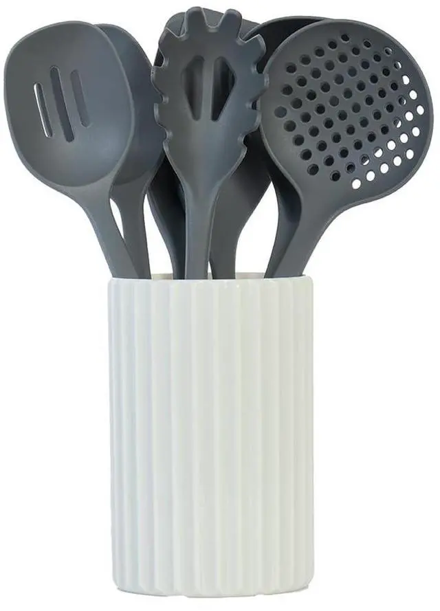 Main image of Kitchen Utensils Set, 8pcs - Nonstick Cooking Tools with Utensil Holder - Nylon Spoon, Ladle, Skimmer, Spaghetti Server, and Turner Spatula Set - Dishwasher Safe, Grey
