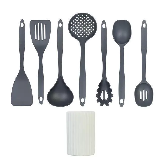 Alt view image 2 of 5 - Kitchen Utensils Set, 8pcs - Nonstick Cooking Tools with Utensil Holder - Nylon Spoon, Ladle, Skimmer, Spaghetti Server, and Turner Spatula Set - Dishwasher Safe, Grey