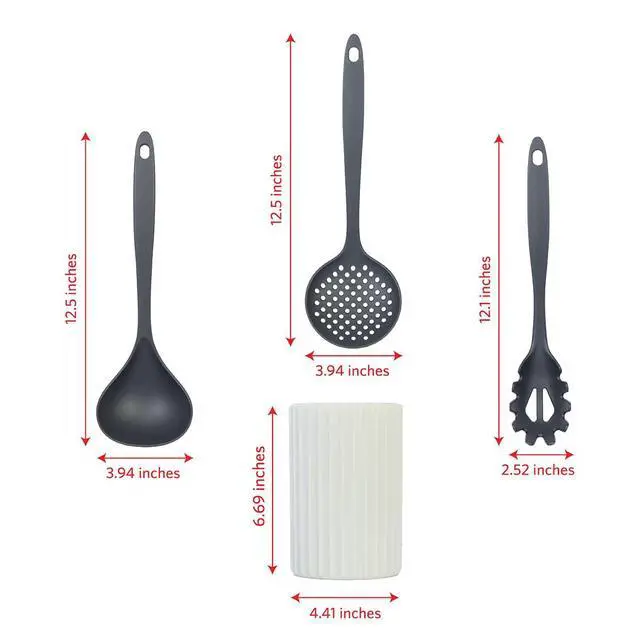 Alt view image 4 of 5 - Kitchen Utensils Set, 8pcs - Nonstick Cooking Tools with Utensil Holder - Nylon Spoon, Ladle, Skimmer, Spaghetti Server, and Turner Spatula Set - Dishwasher Safe, Grey