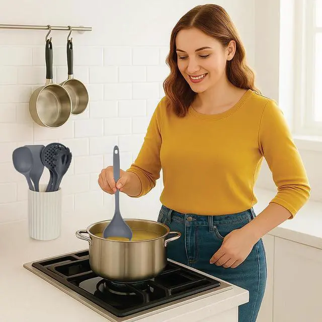 Alt view image 5 of 5 - Kitchen Utensils Set, 8pcs - Nonstick Cooking Tools with Utensil Holder - Nylon Spoon, Ladle, Skimmer, Spaghetti Server, and Turner Spatula Set - Dishwasher Safe, Grey