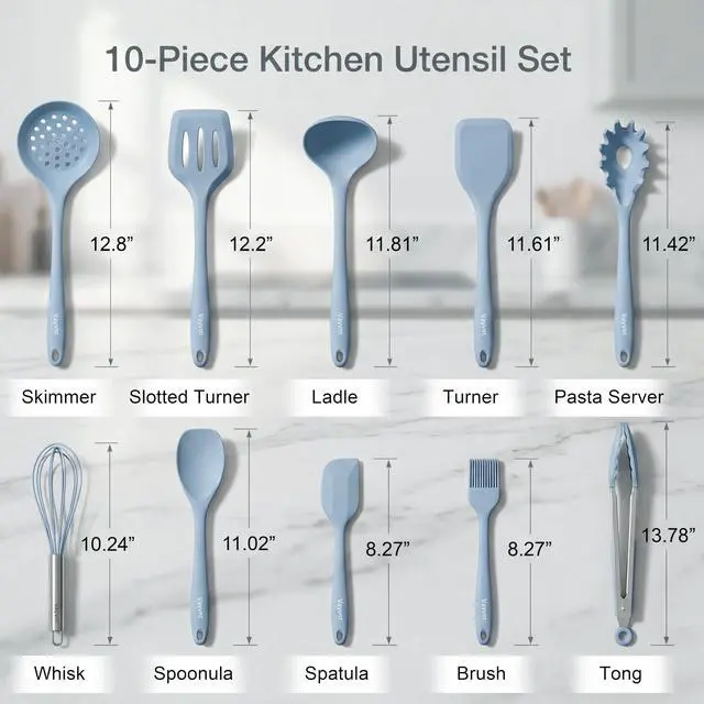 Alt view image 2 of 7 - Silicone Cooking Utensil Set, 10PCS Utensils for Non Stick Pan, Blue | Heat Resistant 480, One-piece Design, Food Grade, Non Toxic Silicone Kitchen Utensils, Easy Cleaning, Dishwasher Safe