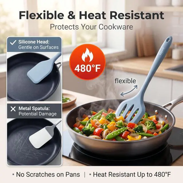 Alt view image 3 of 7 - Silicone Cooking Utensil Set, 10PCS Utensils for Non Stick Pan, Blue | Heat Resistant 480, One-piece Design, Food Grade, Non Toxic Silicone Kitchen Utensils, Easy Cleaning, Dishwasher Safe