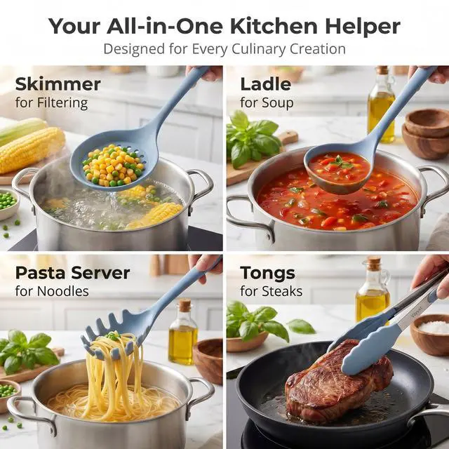 Alt view image 6 of 7 - Silicone Cooking Utensil Set, 10PCS Utensils for Non Stick Pan, Blue | Heat Resistant 480, One-piece Design, Food Grade, Non Toxic Silicone Kitchen Utensils, Easy Cleaning, Dishwasher Safe