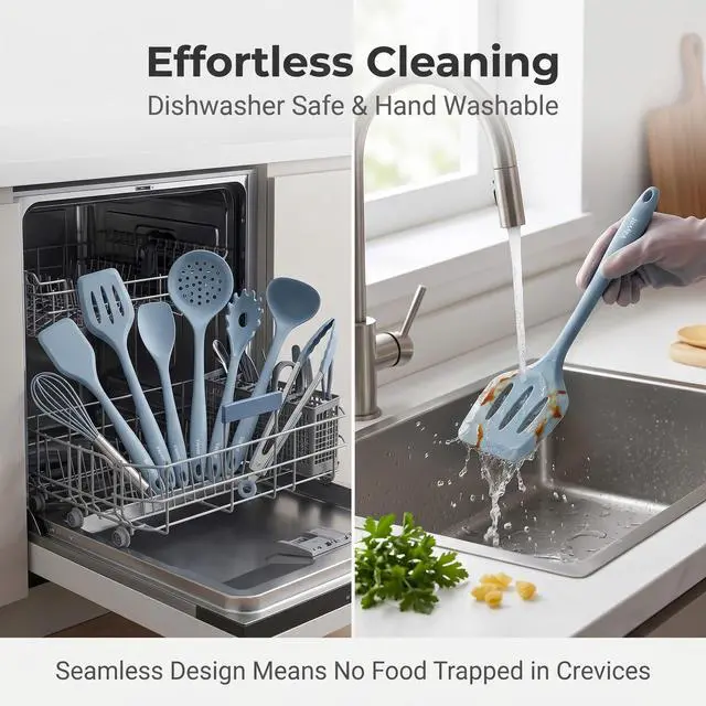 Alt view image 5 of 7 - Silicone Cooking Utensil Set, 10PCS Utensils for Non Stick Pan, Blue | Heat Resistant 480, One-piece Design, Food Grade, Non Toxic Silicone Kitchen Utensils, Easy Cleaning, Dishwasher Safe