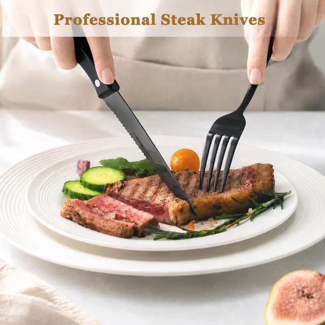 Alt view image 5 of 7 - 24-Piece Black Silverware Set with Steak Knives Flatware Set for 4 Food-Grade Stainless Steel Cutlery Set Mirror Polished Utensils Set Include Spoons and Forks for Home Kitchen Restaurant