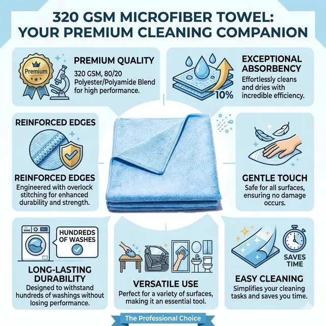 Alt view image 4 of 5 - 320GSM Microfiber Towel 16×16 in, 80/20 Polyester-Polyamide Blend, Overlock-Stitched Edges Scratch-Free, Highly Absorbent Detailing Cloth for Auto, Marine & Home