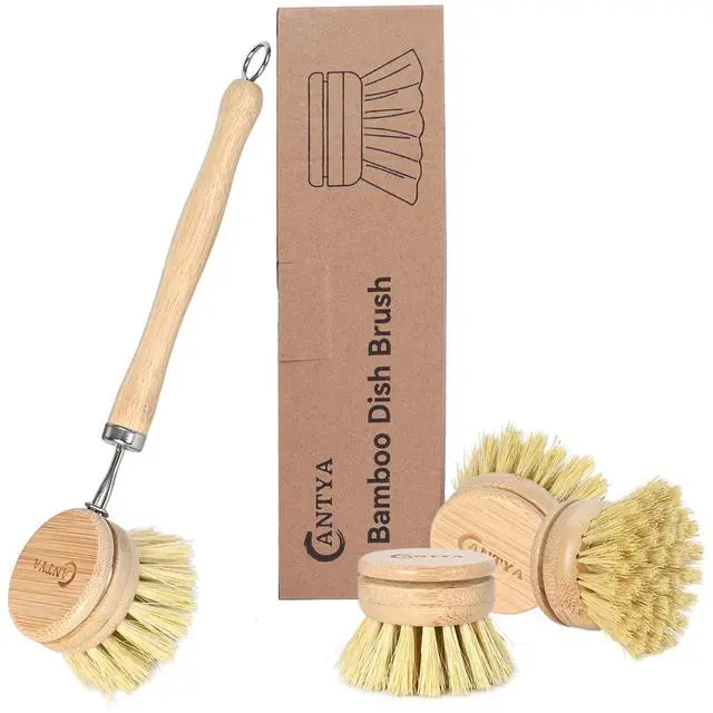 Main image of Bamboo Dish Brush with Handle - Soft Bristle Plastic Free Potato Scrubber Brush Compostable & Sustainable Produce Brush for Dishes Pots and Pans