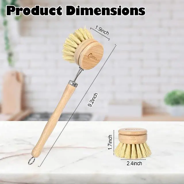 Alt view image 2 of 7 - Bamboo Dish Brush with Handle - Soft Bristle Plastic Free Potato Scrubber Brush Compostable & Sustainable Produce Brush for Dishes Pots and Pans
