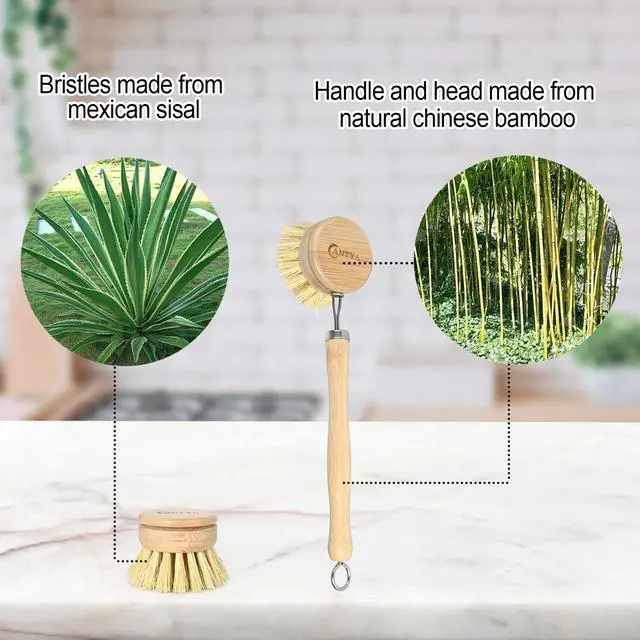 Alt view image 3 of 7 - Bamboo Dish Brush with Handle - Soft Bristle Plastic Free Potato Scrubber Brush Compostable & Sustainable Produce Brush for Dishes Pots and Pans