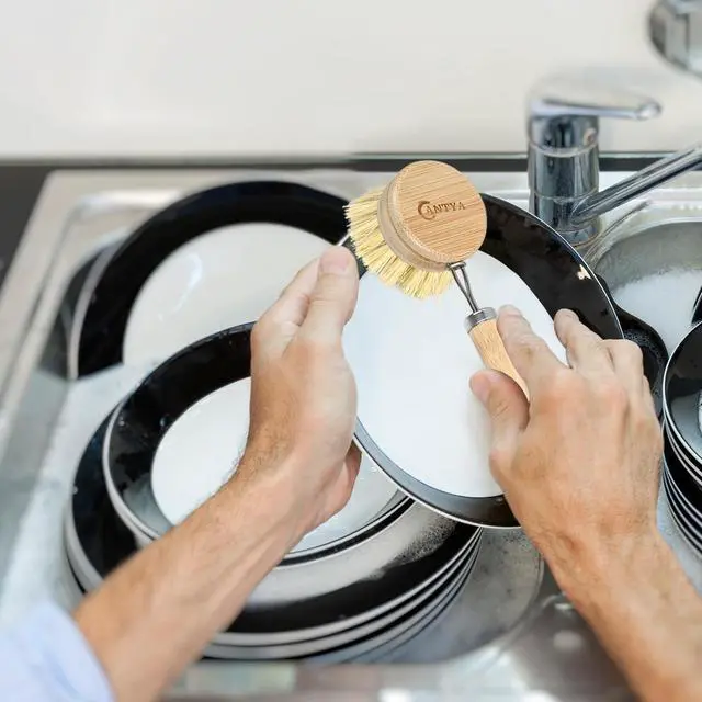 Alt view image 5 of 7 - Bamboo Dish Brush with Handle - Soft Bristle Plastic Free Potato Scrubber Brush Compostable & Sustainable Produce Brush for Dishes Pots and Pans