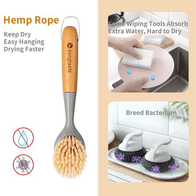 Alt view image 2 of 7 - 2 Pack Kitchen Dish Brush Bamboo Handle Dish Scrubber Built-in Scraper | Scrub Brush for Pans, Pots, Kitchen Sink Cleaning, Dishwashing and Cleaning Brushes are Perfect Cleaning Tools, Color-Gray