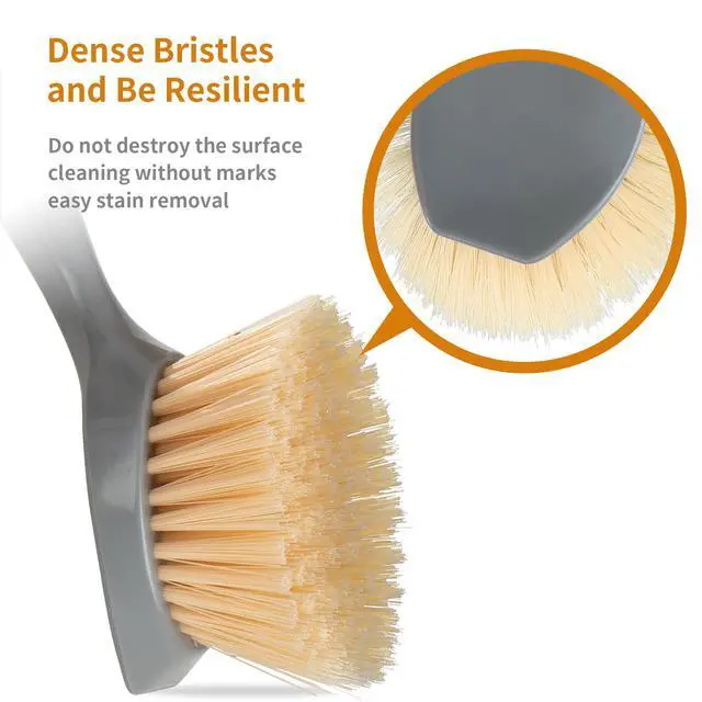 Alt view image 3 of 7 - 2 Pack Kitchen Dish Brush Bamboo Handle Dish Scrubber Built-in Scraper | Scrub Brush for Pans, Pots, Kitchen Sink Cleaning, Dishwashing and Cleaning Brushes are Perfect Cleaning Tools, Color-Gray