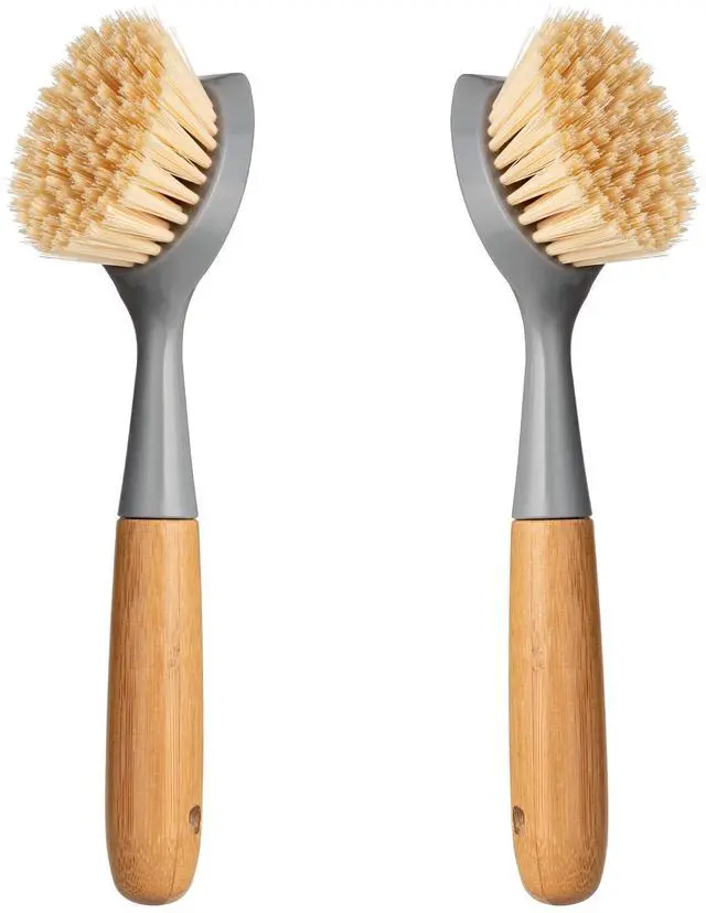 Main image of 2 Pack Kitchen Dish Brush Bamboo Handle Dish Scrubber Built-in Scraper | Scrub Brush for Pans, Pots, Kitchen Sink Cleaning, Dishwashing and Cleaning Brushes are Perfect Cleaning Tools, Color-Gray