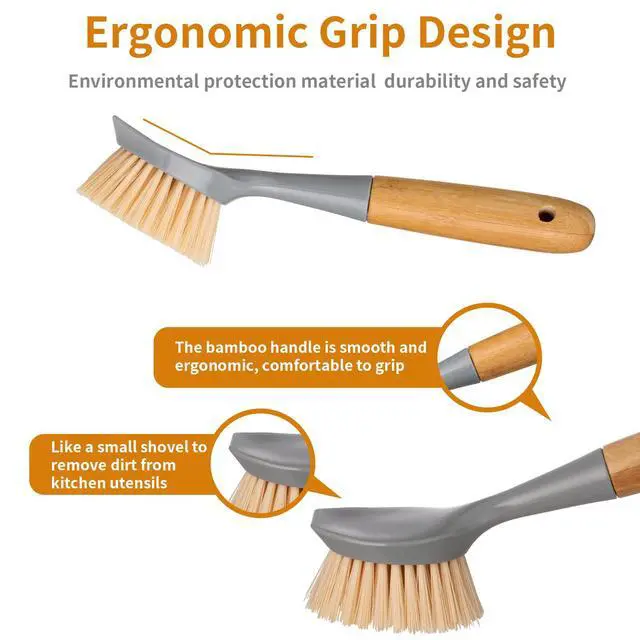Alt view image 4 of 7 - 2 Pack Kitchen Dish Brush Bamboo Handle Dish Scrubber Built-in Scraper | Scrub Brush for Pans, Pots, Kitchen Sink Cleaning, Dishwashing and Cleaning Brushes are Perfect Cleaning Tools, Color-Gray