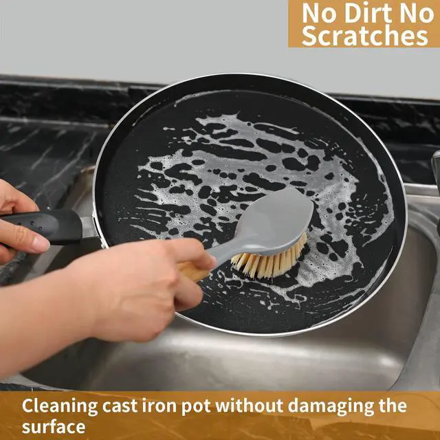Alt view image 7 of 7 - 2 Pack Kitchen Dish Brush Bamboo Handle Dish Scrubber Built-in Scraper | Scrub Brush for Pans, Pots, Kitchen Sink Cleaning, Dishwashing and Cleaning Brushes are Perfect Cleaning Tools, Color-Gray