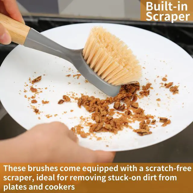 Alt view image 5 of 7 - 2 Pack Kitchen Dish Brush Bamboo Handle Dish Scrubber Built-in Scraper | Scrub Brush for Pans, Pots, Kitchen Sink Cleaning, Dishwashing and Cleaning Brushes are Perfect Cleaning Tools, Color-Gray