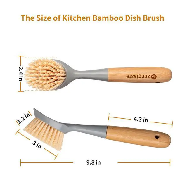 Alt view image 6 of 7 - 2 Pack Kitchen Dish Brush Bamboo Handle Dish Scrubber Built-in Scraper | Scrub Brush for Pans, Pots, Kitchen Sink Cleaning, Dishwashing and Cleaning Brushes are Perfect Cleaning Tools, Color-Gray