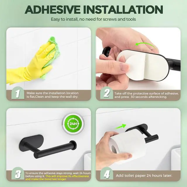 Alt view image 7 of 7 - Matte Black Adhesive Toilet Roll Holder Stand,Toilet Paper Holder,1 Pack | SUS304 Stainless Steel, Rustproof Design, Easy Installation, No Drilling Tissue Holder,for Kitchen Bathroom Wall Mount