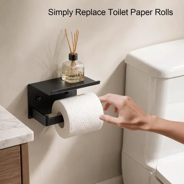 Alt view image 6 of 7 - Matte Black Toilet Paper Holder with Shelf | No-Drill Adhesive Wall Mount, RustproofFor Bathroom, Washroom, RV, Kitchen, Washroom, Convenient Storage Shelf