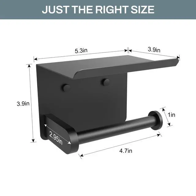 Alt view image 3 of 6 - Toilet Paper Holder with Shelf Adhesive or Screw-in Matte Black | Adhesive or Screw-in,Waterproof and Rustproof Stainless Steel,Wall Mount Design,for Bathroom Hardware Accessories