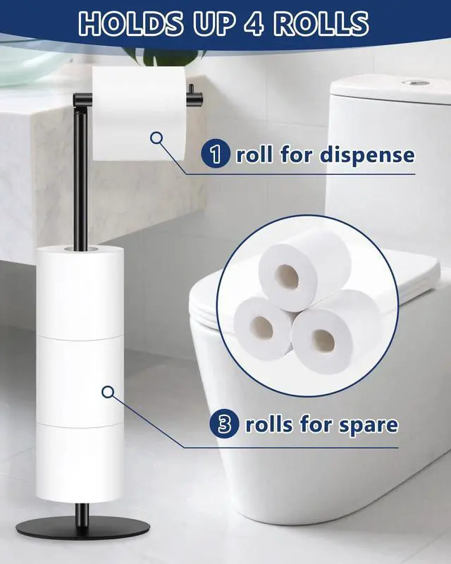 Alt view image 2 of 7 - Toilet Paper Holder Stand, Bathroom Toilet Paper Stand with Shelf, Free Standing Toilet Paper Roll Storage Holder for 4 Rolls, Black