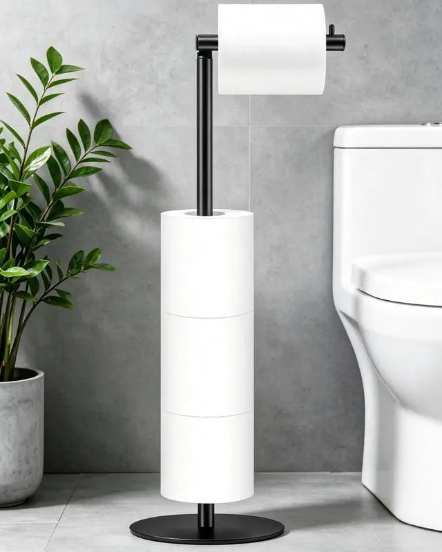 Main image of Toilet Paper Holder Stand, Bathroom Toilet Paper Stand with Shelf, Free Standing Toilet Paper Roll Storage Holder for 4 Rolls, Black