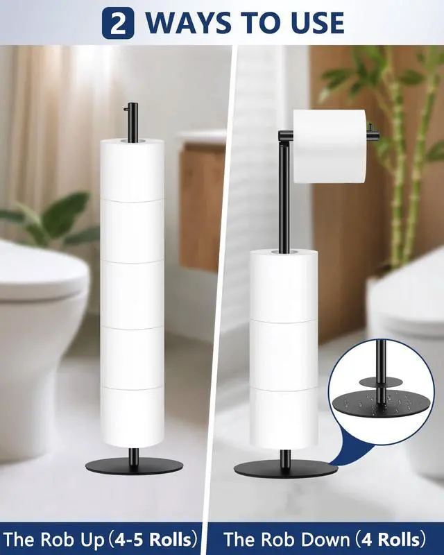 Alt view image 3 of 7 - Toilet Paper Holder Stand, Bathroom Toilet Paper Stand with Shelf, Free Standing Toilet Paper Roll Storage Holder for 4 Rolls, Black