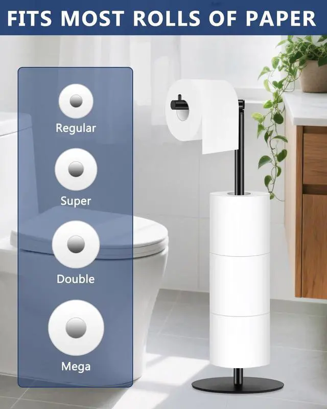 Alt view image 5 of 7 - Toilet Paper Holder Stand, Bathroom Toilet Paper Stand with Shelf, Free Standing Toilet Paper Roll Storage Holder for 4 Rolls, Black