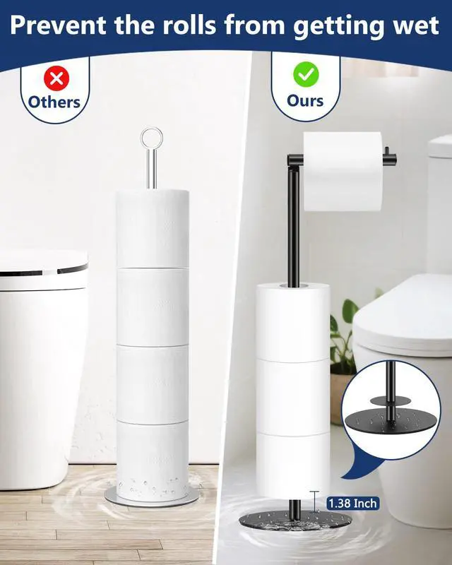 Alt view image 6 of 7 - Toilet Paper Holder Stand, Bathroom Toilet Paper Stand with Shelf, Free Standing Toilet Paper Roll Storage Holder for 4 Rolls, Black
