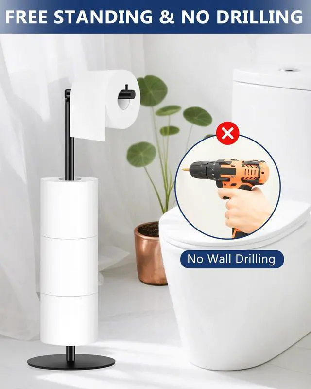 Alt view image 7 of 7 - Toilet Paper Holder Stand, Bathroom Toilet Paper Stand with Shelf, Free Standing Toilet Paper Roll Storage Holder for 4 Rolls, Black