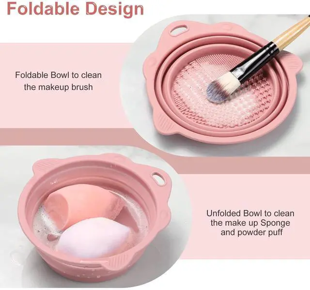 Alt view image 2 of 7 - Foldable Silicone Makeup Brush Cleaner Bowl | Portable Cleaning Tool For Brushes, Powder Puffs, Sponges (Pink)