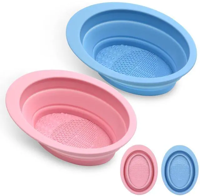 Main image of 2Pcs Foldable Silicone Makeup Brush Cleaner Bowl - Portable Cosmetic Brush Cleaning Tool for Makeup Brushes, Powder Puffs, and Sponges, Deep Clean Brush Washer for Travel and Home Use (Pink,Blue)