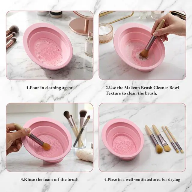 Alt view image 3 of 7 - 2Pcs Foldable Silicone Makeup Brush Cleaner Bowl - Portable Cosmetic Brush Cleaning Tool for Makeup Brushes, Powder Puffs, and Sponges, Deep Clean Brush Washer for Travel and Home Use (Pink,Blue)