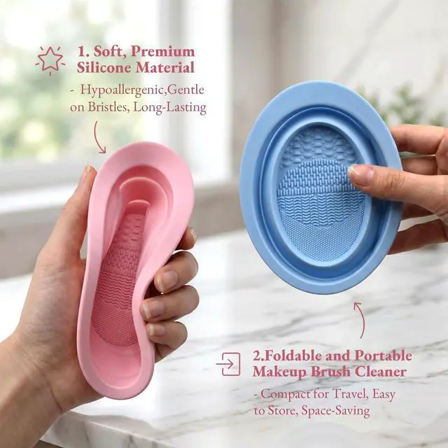 Alt view image 2 of 7 - 2Pcs Foldable Silicone Makeup Brush Cleaner Bowl - Portable Cosmetic Brush Cleaning Tool for Makeup Brushes, Powder Puffs, and Sponges, Deep Clean Brush Washer for Travel and Home Use (Pink,Blue)