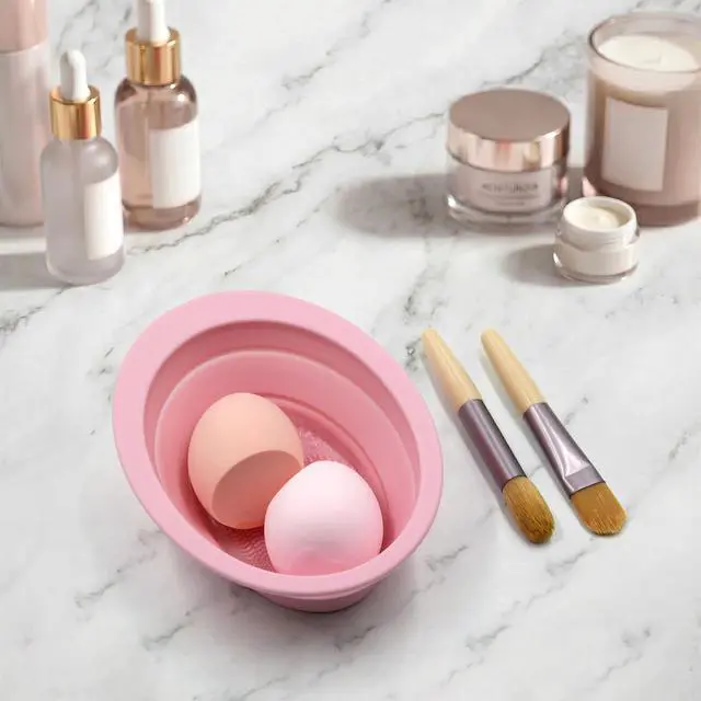 Alt view image 7 of 7 - 2Pcs Foldable Silicone Makeup Brush Cleaner Bowl - Portable Cosmetic Brush Cleaning Tool for Makeup Brushes, Powder Puffs, and Sponges, Deep Clean Brush Washer for Travel and Home Use (Pink,Blue)