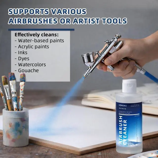 Alt view image 7 of 7 - 8.45 fl oz(250ml) Airbrush Cleaner, Fast Acting Cleaning Solution | Air Brush Cleaner for Water-based Paints, Clogged Airbrushes, Paint Brushes and Artist Tools