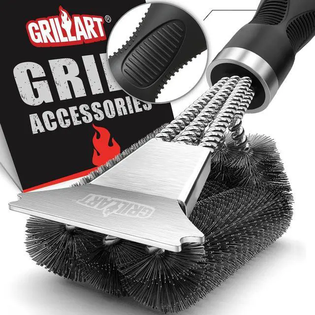 Main image of Grill Brush, 18'' Extra-Strong Handle, BBQ Cleaner with Scraper | Remove Tough Grime, Triple Safe Wire Bristle Scrubbers, for Gas, Charcoal & Smoker, Steel Grates, 360°Wizard Cleaning