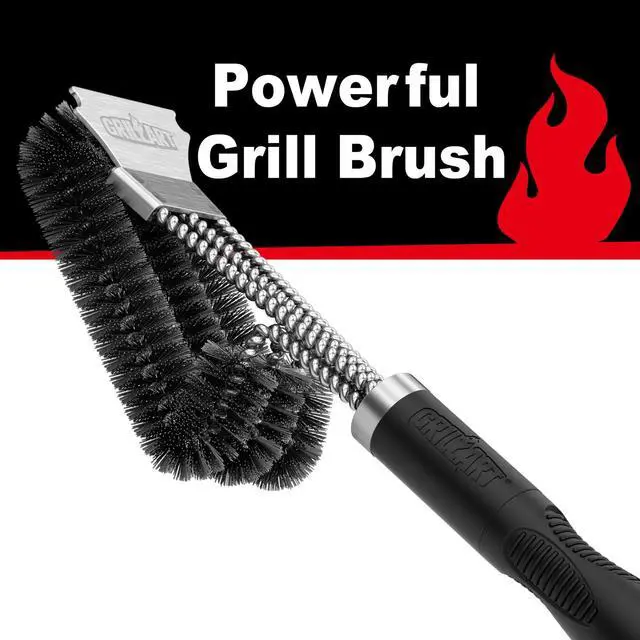 Alt view image 3 of 7 - Grill Brush, 18'' Extra-Strong Handle, BBQ Cleaner with Scraper | Remove Tough Grime, Triple Safe Wire Bristle Scrubbers, for Gas, Charcoal & Smoker, Steel Grates, 360°Wizard Cleaning